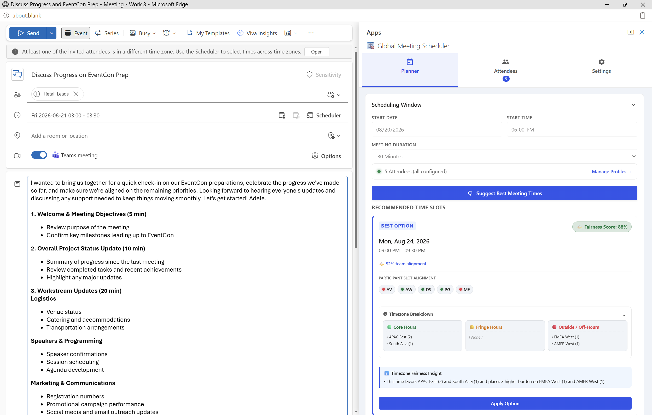 Global Meeting Scheduler Taskpane in Outlook